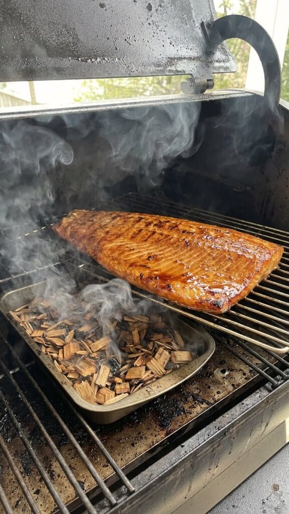 Un filet de saumon en train d'être fumé dans un fumoir, avec de la fumée s'échappant de copeaux de bois de Manuka utilisés pour aromatiser le poisson.